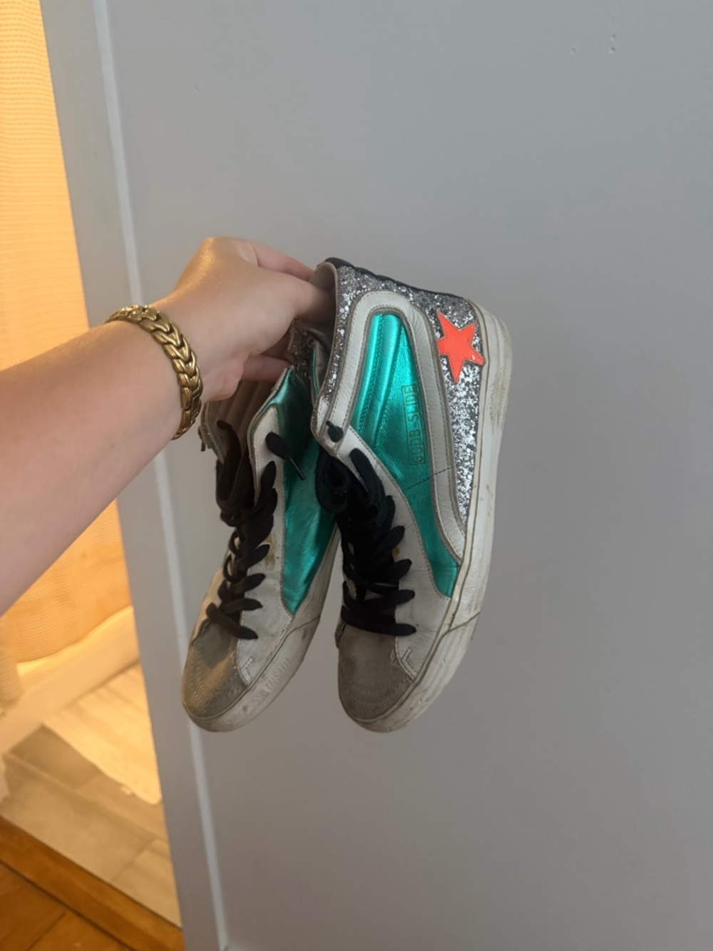 GoldenGoose Slide Sneaker Metallic Teal High-Top Sneakers with Coral Star Accent